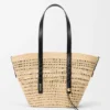 Borsa a cesto intrecciata media in palma iraca e pelle di vitello