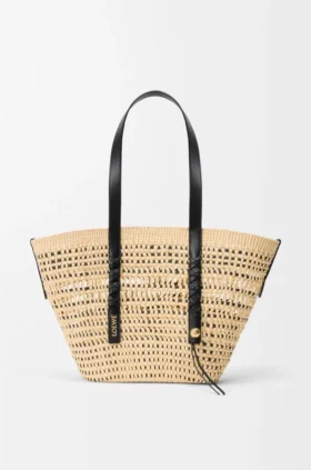 Borsa a cesto intrecciata media in palma iraca e pelle di vitello