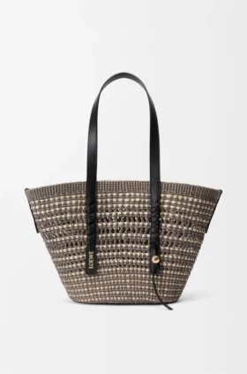 Borsa a cesto intrecciata media in palma iraca e pelle di vitello