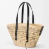 Borsa a cesto intrecciata media in palma iraca e pelle di vitello
