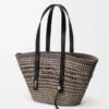 Borsa a cesto intrecciata media in palma iraca e pelle di vitello