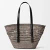Borsa a cesto intrecciata media in palma iraca e pelle di vitello