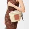Borsa a secchiello con coulisse in foglia di palma e pelle di vitello