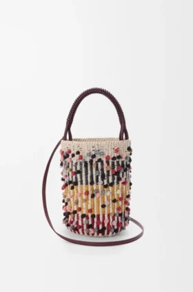 Borsa a secchiello in cordoncino, pelle e lana
