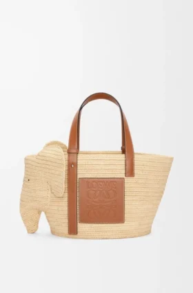 Borsa Elephant Basket in rafia e pelle di vitello