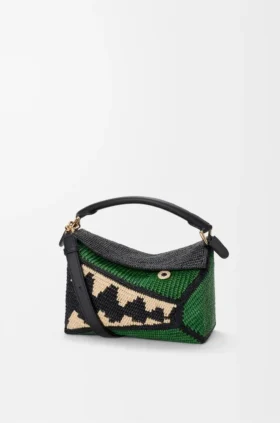 Borsa Puzzle Edge piccola in rafia e pelle di vitello