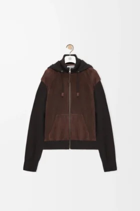 Felpa con cappuccio ibrida con zip in pelle di capra scamosciata e misto lana