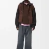 Felpa con cappuccio ibrida con zip in pelle di capra scamosciata e misto lana