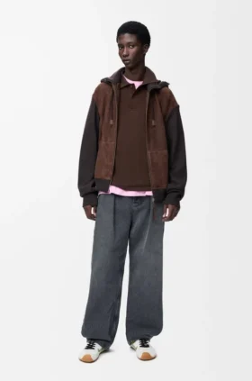 Felpa con cappuccio ibrida con zip in pelle di capra scamosciata e misto lana