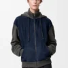 Felpa con cappuccio ibrida con zip in pelle di capra scamosciata e misto lana