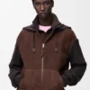 Felpa con cappuccio ibrida con zip in pelle di capra scamosciata e misto lana