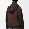 Felpa con cappuccio ibrida con zip in pelle di capra scamosciata e misto lana