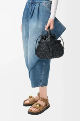 Mini borsa a cesto rotonda “Diamond” in pelle di vitello