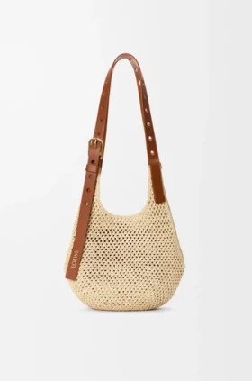 Piccola borsa Hobo Punch Hole in rafia e pelle di vitello
