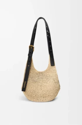 Piccola borsa Hobo Punch Hole in rafia e pelle di vitello