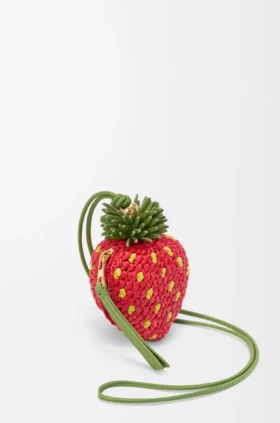 Portamonete a forma di fragola in rafia e pelle di vitello classica